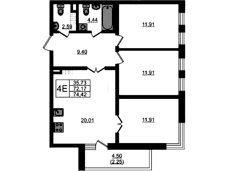 3-комнатная квартира 74.42 м², 4/4 эт., ЖК «Новая история»